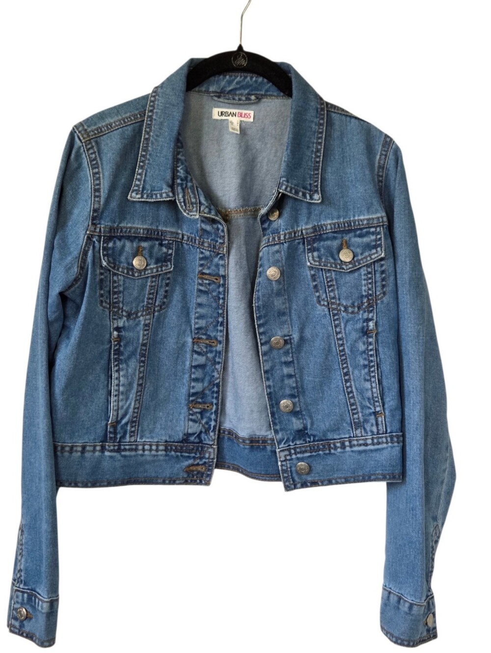 Urban Bliss Denim Jacket US 6 Cropped Trucker Medium Wash Y2K Fitted 100% Cotton